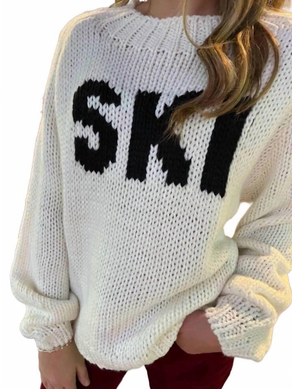 Elan White Crewneck Sweater with Black Knit Lettering